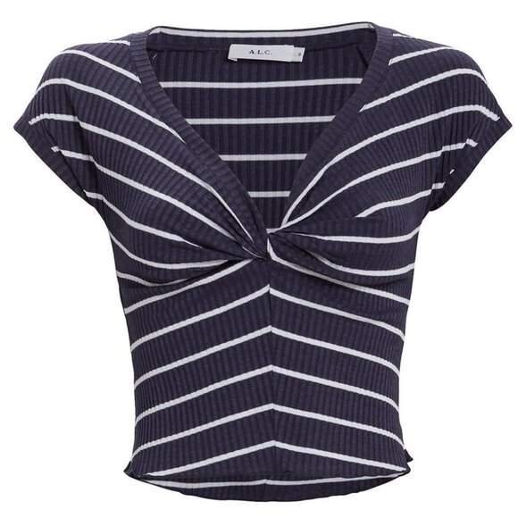 Alc Sabina Blue Striped Crop Top V-Neck White Size XS Stretch Cap Sleeves Tee - Picture 2 of 8